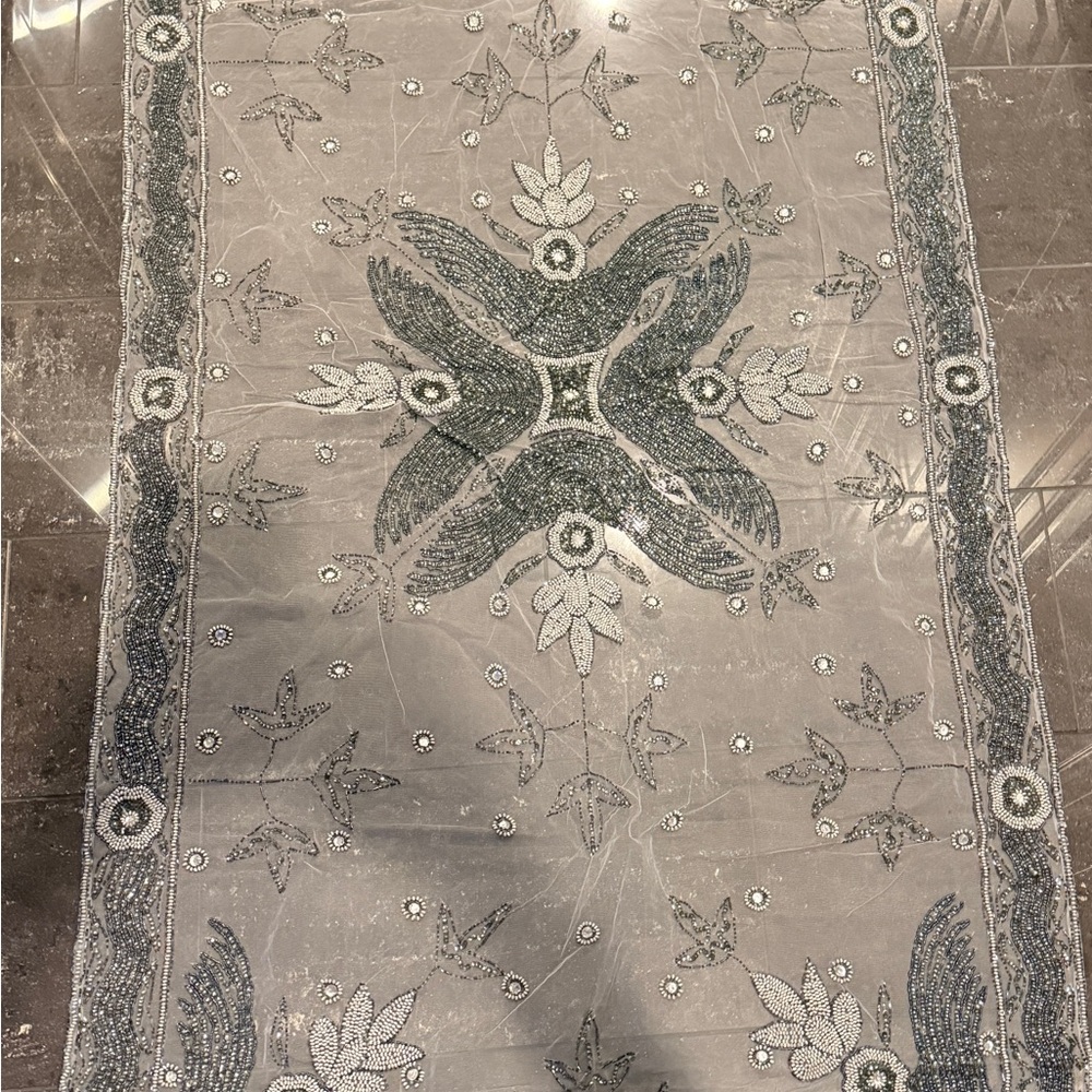Elegant Silver- Gray Beaded Embroidered Tablecloth